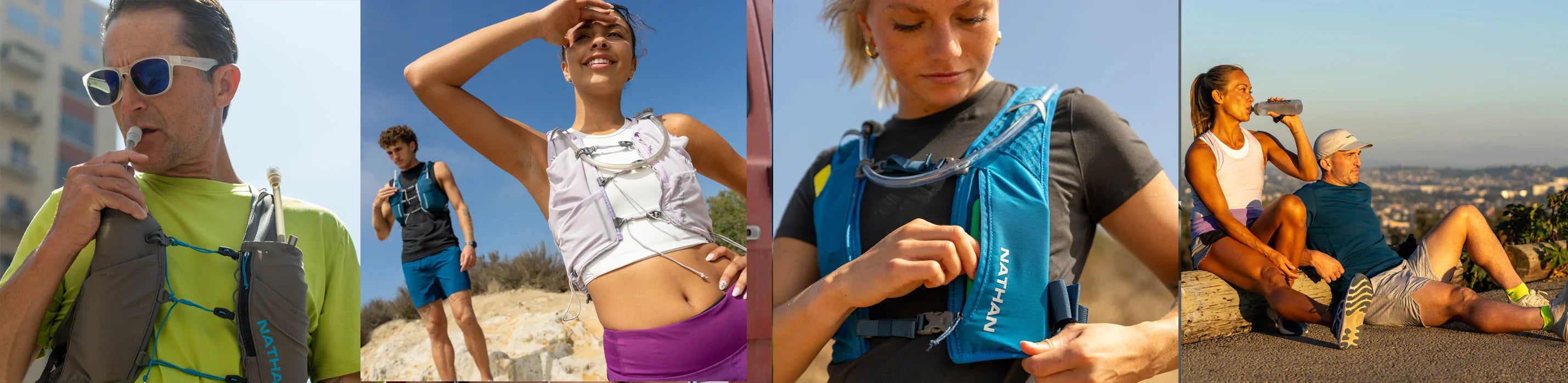 four images of runners using different Nathan Sports products. Hydration Pack & Jacket, tank top and shorts, hydration belt, and hydration vest