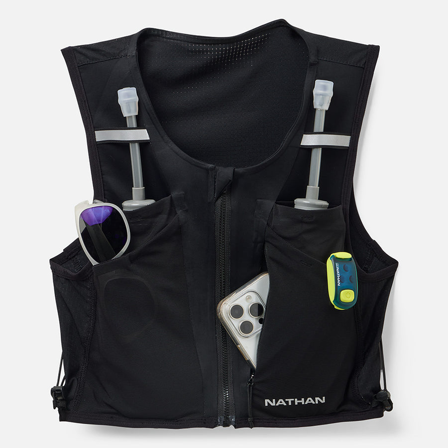 color:Black/Reflective Silver||seo: AeroZip 1 Liter Women’s Hydration Race Vest - Black/Reflective Silver - Showcasing Multiple Front Pockets That Can Be Used For Phones, Sunglasses, Flasks & More
